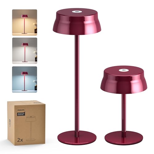 PHILIPS Kabellose Tischlampe, tragbar, LED, für den Außenbereich, batteriebetrieben, wiederaufladbar, 2 verstellbare Höhen, Touch-Steuerung und 3 Farben mit stufenloser Dimmung, wasserdicht von PHILIPS