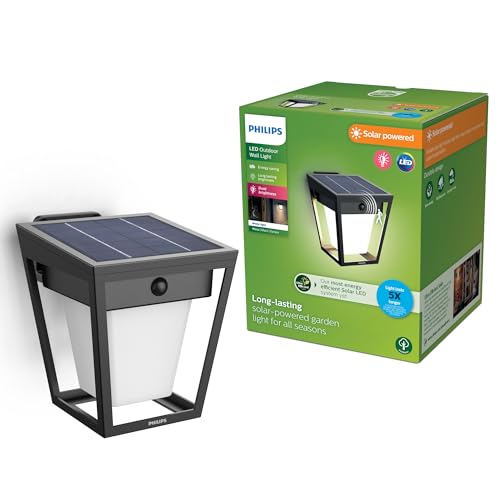 PHILIPS Nissa ultraeffiziente Solar-Wandleuchte für den Außenbereich mit Sensor, 3000K weißes Licht, 250/25lm, Schwarz von PHILIPS