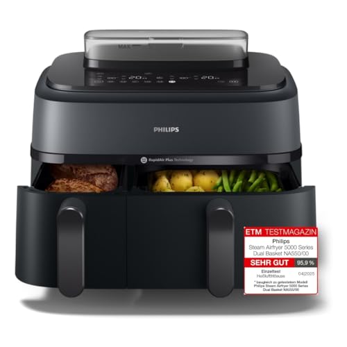 Philips Steam Airfryer 5000 Series Dual Basket - Airfryer & Dampfgarer in einem Gerät, 9L, RapidAir Plus Technologie, 19 Kochfunktionen, 90% weniger Fett, 2 Körbe, Dampfreinigung (NA550/00) Philips Steam Airfryer 5000 Series Dual Basket - Airfryer & Dampfgarer in einem Gerät, 9L, RapidAir Plus Technologie, 19 Kochfunktionen, 90% weniger Fett, 2 Körbe, Dampfreinigung (NA550/00) von PHILIPS