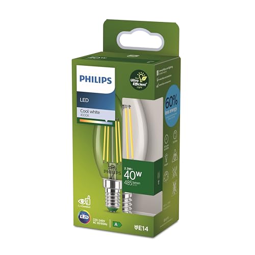 PHILIPS Classic ultraeffiziente LED-Lampe mit Energieeffizienzklasse A, ersetzt 40W, E14 Sockel, Kerze, klar, neutralweißes Licht (4000K), 1er Pack. neue Generation, Neutralweiß von PHILIPS