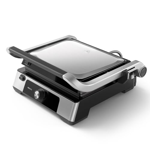 Philips Kontaktgrill - Einstellbare Temperatur 60°C-200°C. 180° aufklappbar. Große Grillfläche und High Power-Leistung. Abnehmbare Antihaft-Platten und Fettauffangschale. (HD6301/90) von Philips Domestic Appliances