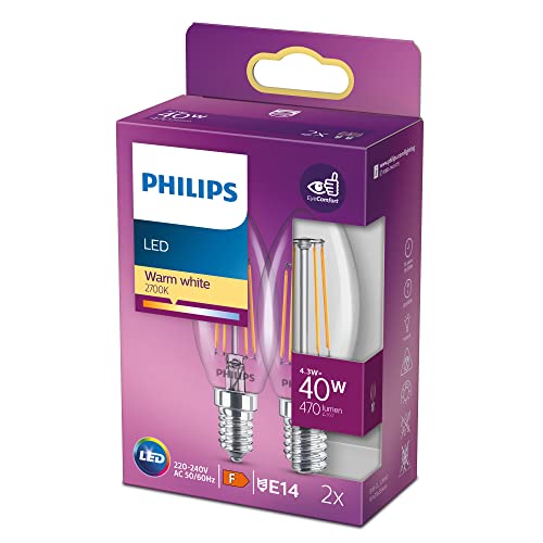 Philips LED classic Lampe E14, Kerzenform, 40 W, warmweiß (2700), 470 Lumen, Glas, 2er Pack von Philips Lighting