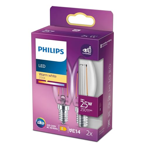 Philips LED Classic E14 Lampe, 25 W, Kerzenform, klar, warmweiß, Doppelpack von Philips