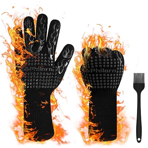 PHILORN Grillhandschuhe 800 Grad, 2 x Ofenhandschuhe Grill Lederhandschuhe Hitzebeständige bis zu Universalgröße Kochhandschuhe Backhandschuhe für BBQ Kochen Backen und Schweißen-Klassisch von Philorn