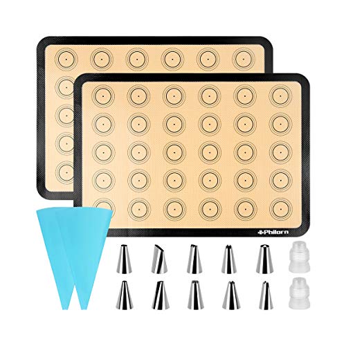 Philorn Backmatte für Macarons, Backmatte aus Silikon 40 Löcher Macarons Silikonmatte mit 14 Düsen,BPA-freie, Backunterlagen für Makronen/Kuchen/Brot 42x29 cm, 2 Stück Philorn Backmatte für Macarons, Backmatte aus Silikon 40 Löcher Macarons Silikonmatte mit 14 Düsen,BPA-freie, Backunterlagen für Makronen/Kuchen/Brot 42x29 cm, 2 Stück von Philorn