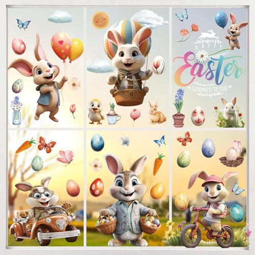 Fenstersticker Ostern Selbstklebend, 9 Blätter Fensterdekoration Ostern Wiederverwendbar, Fenstersticker mit Hasen Ostereier Küken Schmetterling Osterdeko Fenster für Glas Kinderzimmer von PHISGNIO