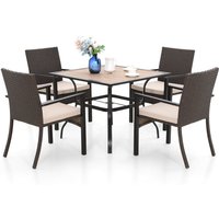 Outdoor Garten Terrasse Balkon Gartenmöbel, 94cm Quadratische Metall Holzähnlich Tisch mit 4cm Schirmloch und 4 Polyrattan Sessel Mit Kissen, von PHIVILLA