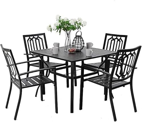 PHI VILLA 5-teiliges Metall-Terrassen-Gartenmöbel Set für den Außenbereich – 94 cm Quadratischer Bistrotisch und 4 Gartenstühle mit Armlehnen, Tisch mit 4 cm Schirmloch, schwarz von PHI VILLA