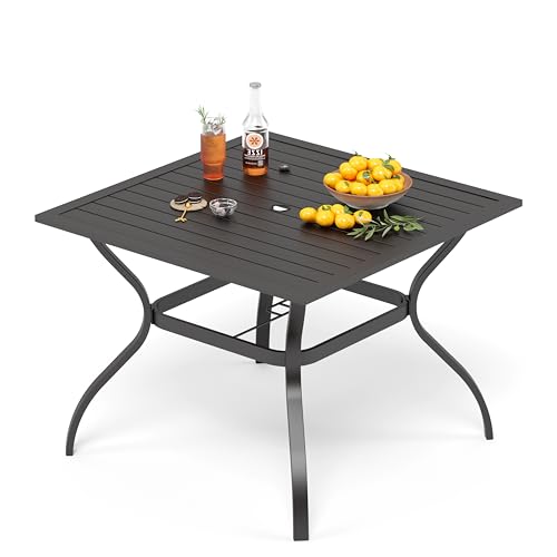 PHI VILLA Gartentisch 94 cm Esstisch für den Außenbereich, Metall-Stahllatten-Terrasse mit 4 cm Schirmloch, klassisches Schwarz von PHI VILLA