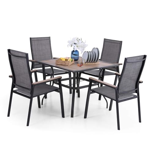 PHI VILLA Gartentisch mit Stühlen Set für den Außenbereich Holzähnlicher Tisch & Stapelbare Stühle aus Textilene Bistro Patio Gartenmöbel Set Wetterfest von PHI VILLA