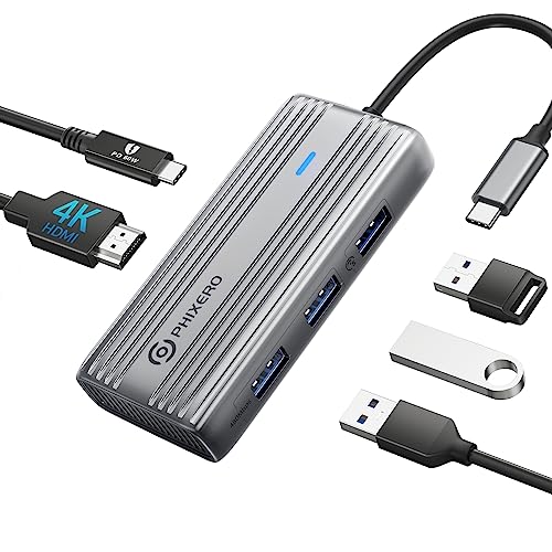 PHIXERO USB C Hub Multiport Adapter, 4K USB C Hub HDMI, 5-in-1 USB C Dongle mit 4K HDMI, 60 W PD Aufladung, USB 3.0, 2 USB 2.0 Anschlüsse, für MacBook Pro/Air, iPad Pro, USB C Laptop PHIXERO USB C Hub Multiport Adapter, 4K USB C Hub HDMI, 5-in-1 USB C Dongle mit 4K HDMI, 60 W PD Aufladung, USB 3.0, 2 USB 2.0 Anschlüsse, für MacBook Pro/Air, iPad Pro, USB C Laptop von PHIXERO
