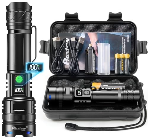 PHIXTON Taschenlampe LED Aufladbar Extrem Hell 500000 Lumens 1 Lichtmodi Große Reichweite, Super Helle Starke Taktische USB C Flashlight, Zoombares Wiederaufladbare Torch Light für Outdoor Security PHIXTON Taschenlampe LED Aufladbar Extrem Hell 500000 Lumens 1 Lichtmodi Große Reichweite, Super Helle Starke Taktische USB C Flashlight, Zoombares Wiederaufladbare Torch Light für Outdoor Security von PHIXTON