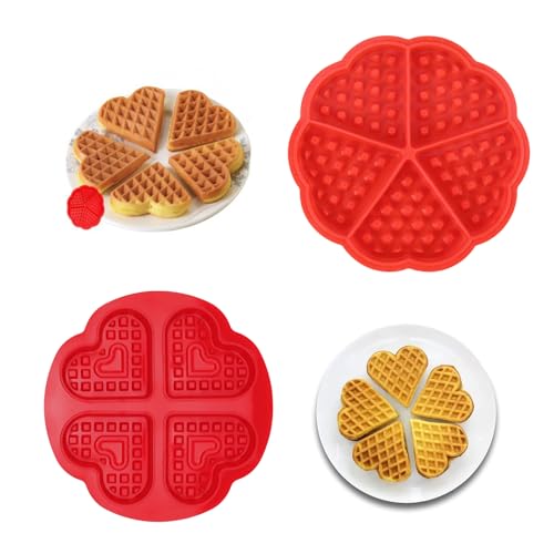 PHMING 2er Set Silikon Waffelformen in Herzform, 4-Mulden & 5-Mulden Silikon Backformen, Rote Waffelform für Airfrye für Waffeln, Muffin & Kuchen, Ideal für kreatives Backen von PHMING