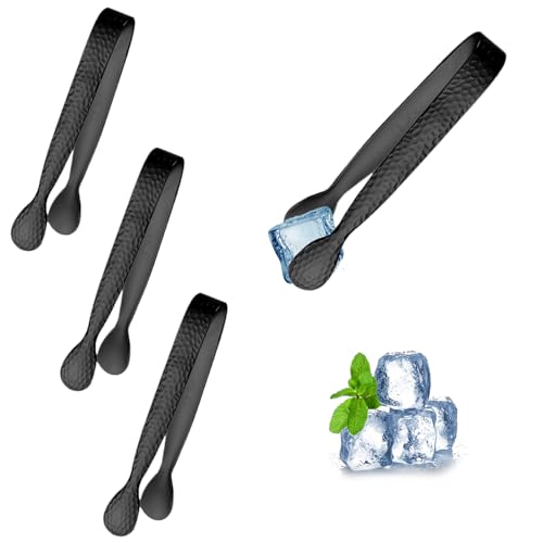 PHMING 4 Stück Schwarz Eiszange, Zuckerzange mit Hammermuster-Design, Eiswürfelzange, Edelstahl-Eiszange für Eiswürfel, Süßigkeiten, Kekse von PHMING