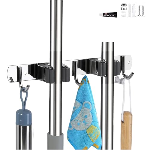 PHMING Besenhalterung Wand, Edelstahl Besenhalter, Selbstklebend Wandhalterung Besen, mit 2 Halterungen Und 3 Haken, Besenstiel Halterung, Geeignet für Küche, Bad, Reinigungsraum von PHMING