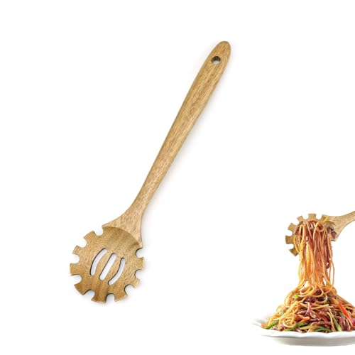 PHMING Spaghettilöffel, 33 cm Holz Spaghettizange Hängbar, Nudellöffel mit Zähnen, Nudelkelle Hohe Qualität mit Aufhängeöse, für Pasta, Teigtaschen und Fleisch von PHMING