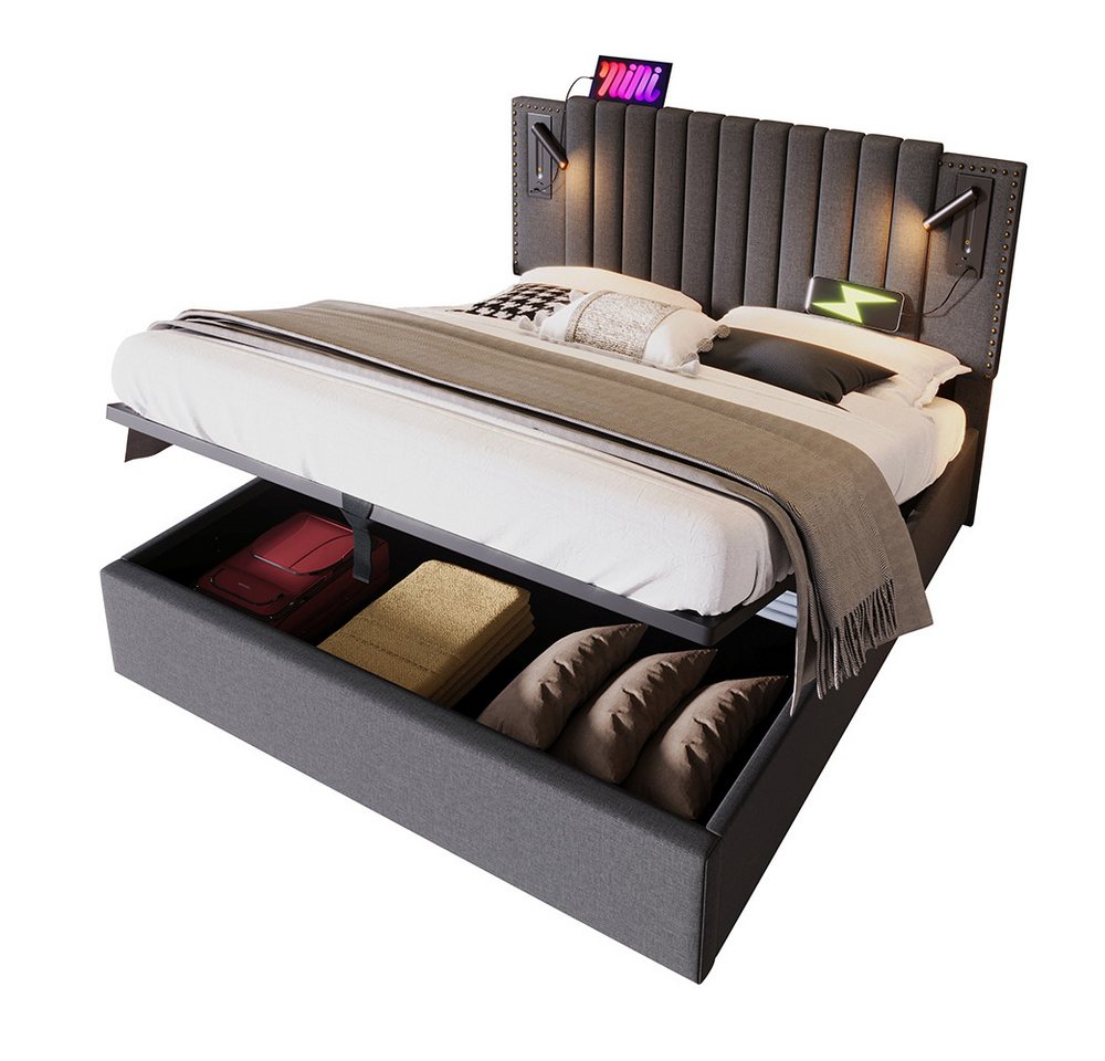 PHOEBE CAT Boxspringbett Hydraulisches Funktionsbett Stauraumbett mit Bettkasten und Lattenrost (Doppelbett, mit Matratze), Polsterbett 140x200 cm mit Leselicht und Ladefunktion, Baumwolle, Grau von PHOEBE CAT