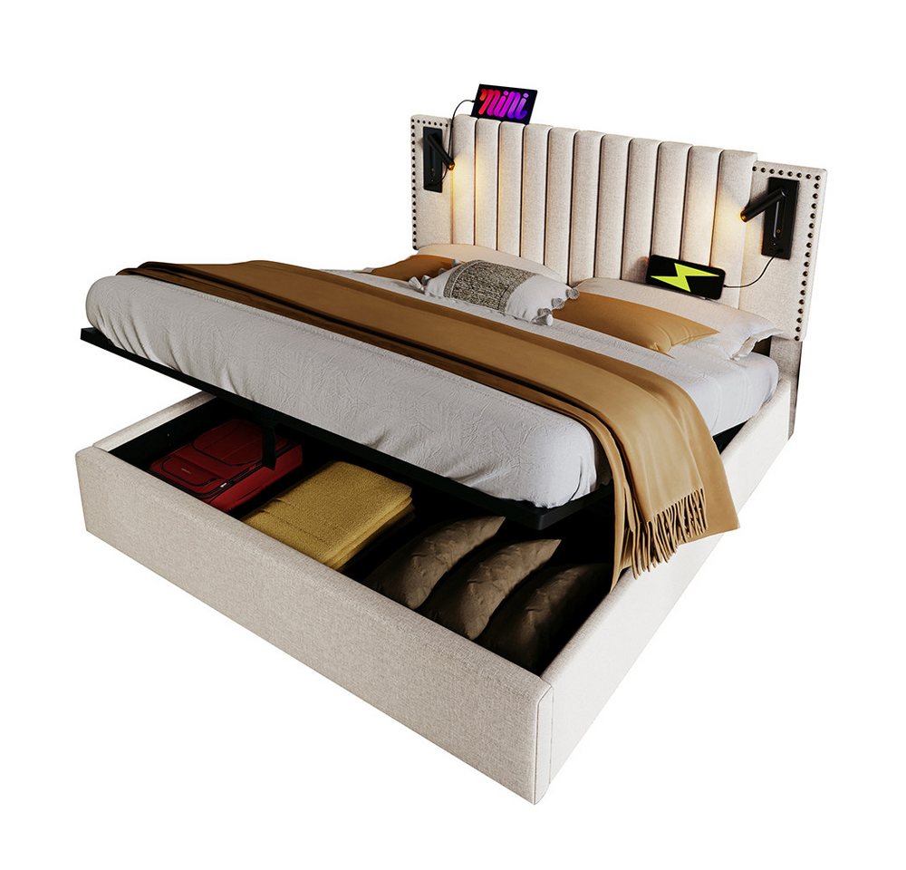 PHOEBE CAT Boxspringbett Hydraulisches Funktionsbett Stauraumbett mit Bettkasten und Lattenrost (Doppelbett, mit Matratze), Polsterbett 160x200cm mit Leselicht und Ladefunktion, Baumwolle, Beige von PHOEBE CAT
