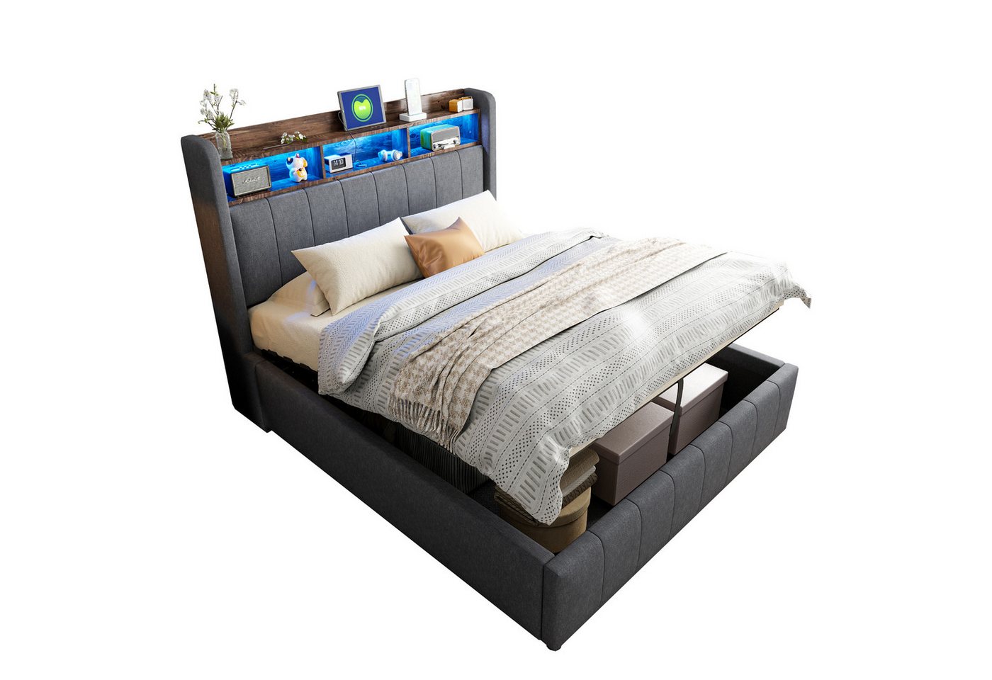 PHOEBE CAT Boxspringbett Hydraulisches Stauraumbett Funktionsbett mit Ladefunktion (Doppelbett), LED Polsterbett 140x200cm mit USB-Anschluss und Stauraum, Leinen, Grau von PHOEBE CAT