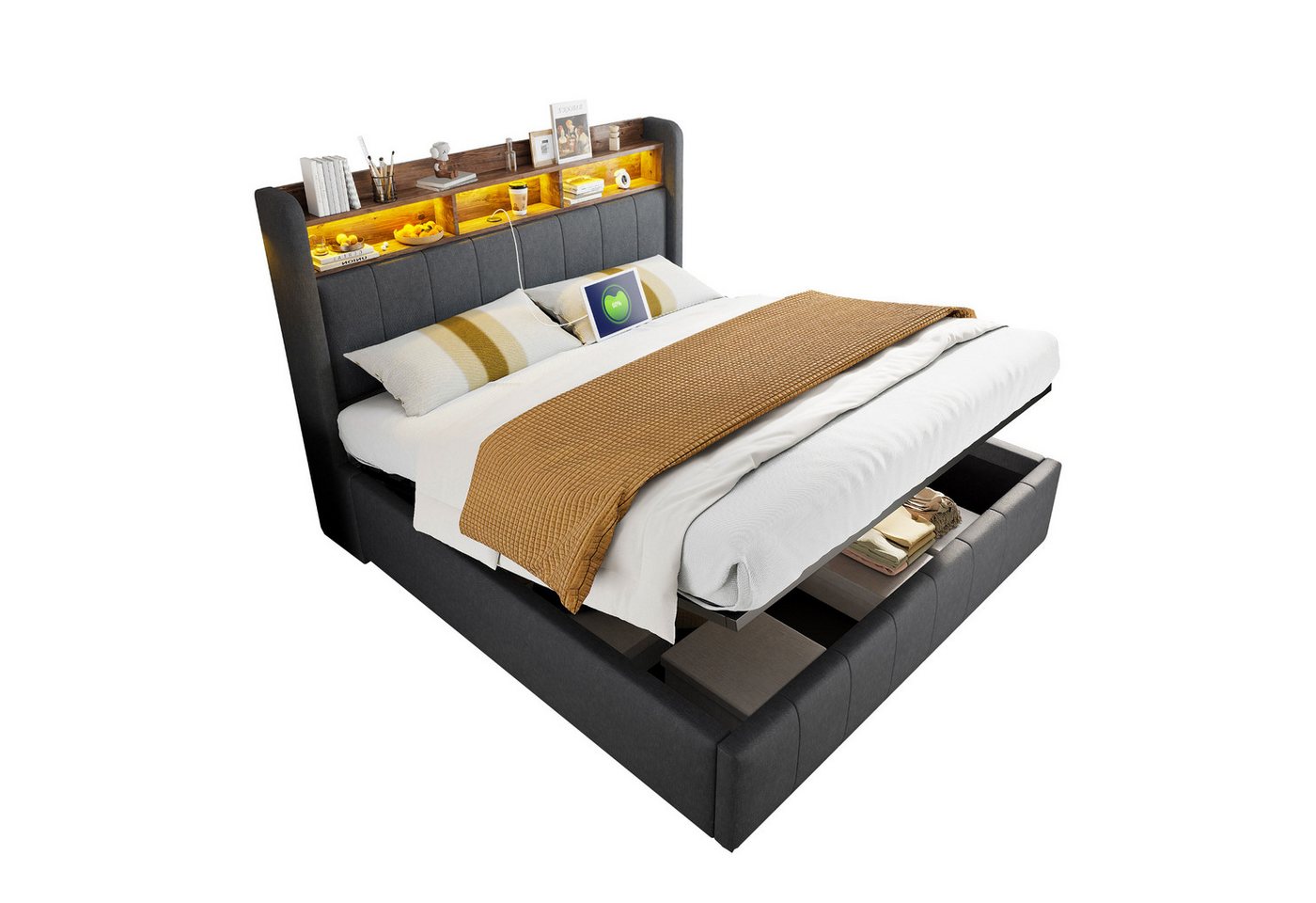 PHOEBE CAT Boxspringbett Hydraulisches Stauraumbett Funktionsbett mit Ladefunktion (Doppelbett), LED Polsterbett 160x200cm mit USB-Anschluss und Stauraum, Leinen, Grau von PHOEBE CAT