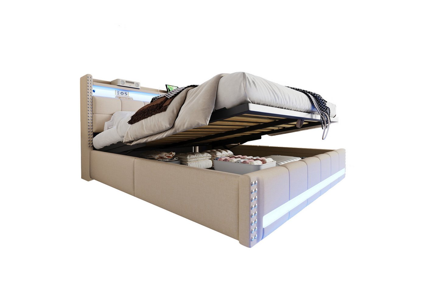 PHOEBE CAT Boxspringbett LED Hydraulisches Stauraumbett Polsterbett (ohne Matratze), Doppelbett 180x200cm mit USB-Aufladen, Stauraum, Leinen, Beige von PHOEBE CAT