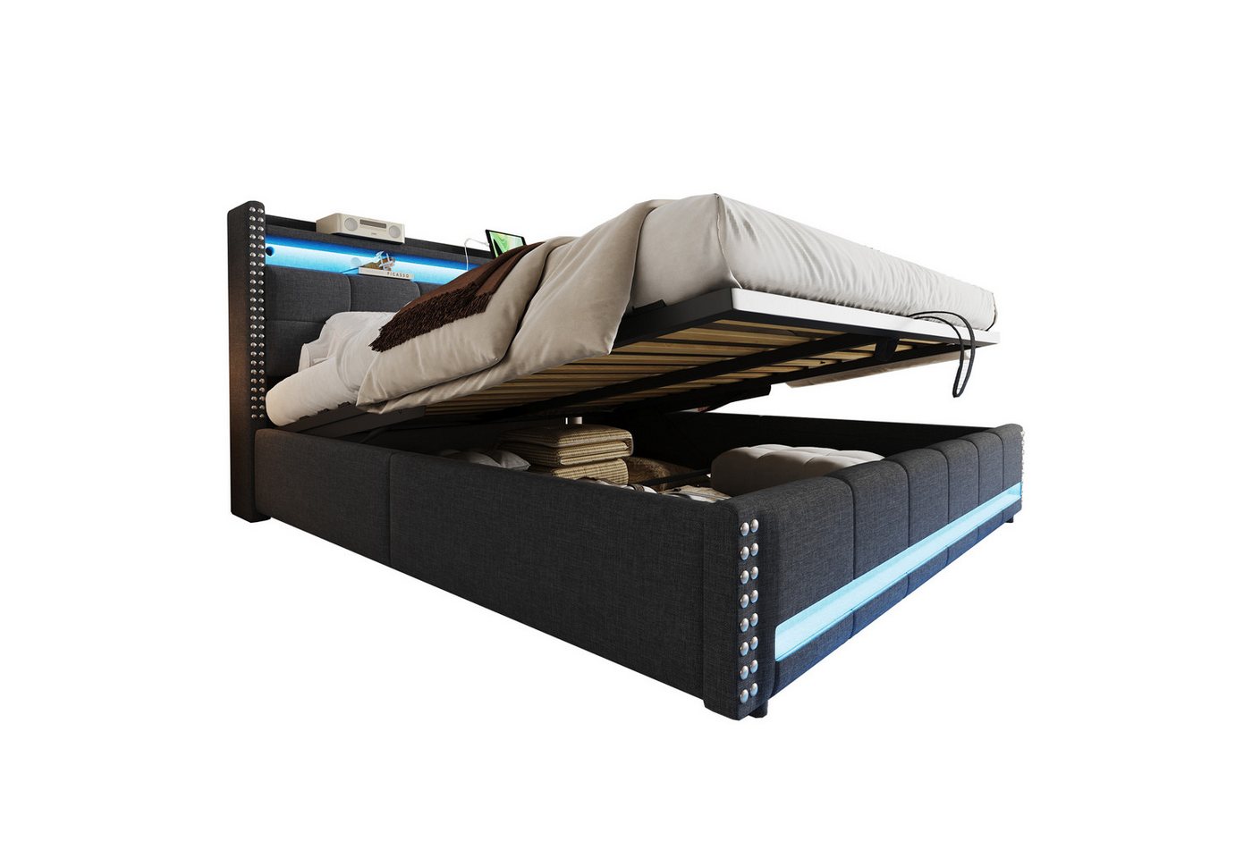 PHOEBE CAT Boxspringbett LED Hydraulisches Stauraumbett Polsterbett (ohne Matratze), Doppelbett 180x200cm mit USB-Aufladen, Stauraum, Leinen, Dunkelgrau von PHOEBE CAT