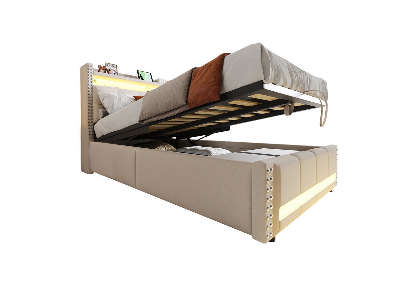PHOEBE CAT Boxspringbett LED Hydraulisches Stauraumbett Polsterbett (ohne Matratze), Einzelbett 90x200cm mit USB-Aufladen, Stauraum, Leinen, Beige von PHOEBE CAT