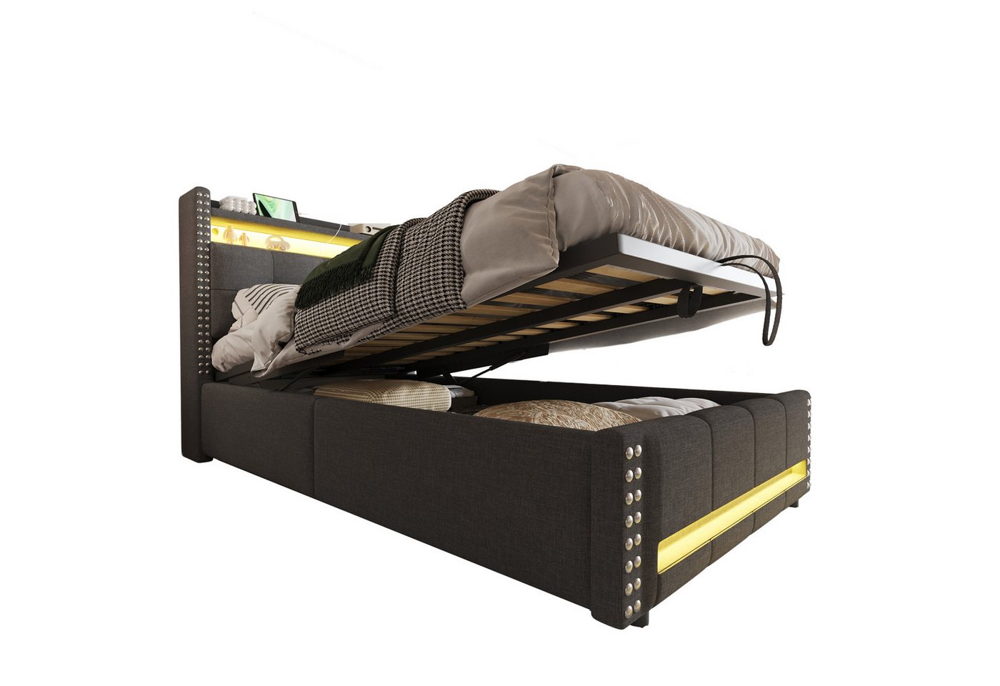 PHOEBE CAT Boxspringbett LED Hydraulisches Stauraumbett Polsterbett (ohne Matratze), Einzelbett 90x200cm mit USB-Aufladen, Stauraum, Leinen, Dunkelgrau von PHOEBE CAT