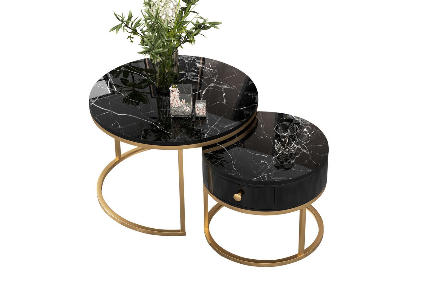 PHOEBE CAT Couchtisch (2-St., Sofatische Satztische in hochglanz Marmoroptik), rund Beistelltisch ∅70x45cm ∅50x40cm, Gestell aus Metall von PHOEBE CAT