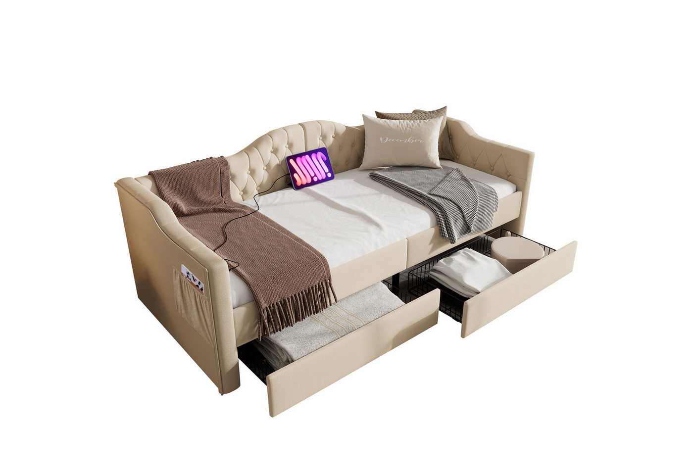 PHOEBE CAT Daybett (Tagesbett), Polsterbett mit USB Type C Ladefunktion und 2 Schubladen 90x120cm Samt von PHOEBE CAT