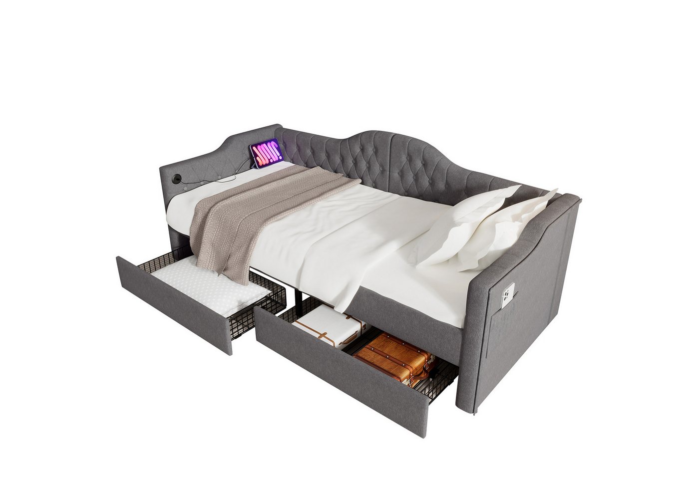 PHOEBE CAT Daybett (Tagesbett), Polsterbett mit USB Type C Ladefunktion & 2 Schubladen 90x200cm Leinen von PHOEBE CAT