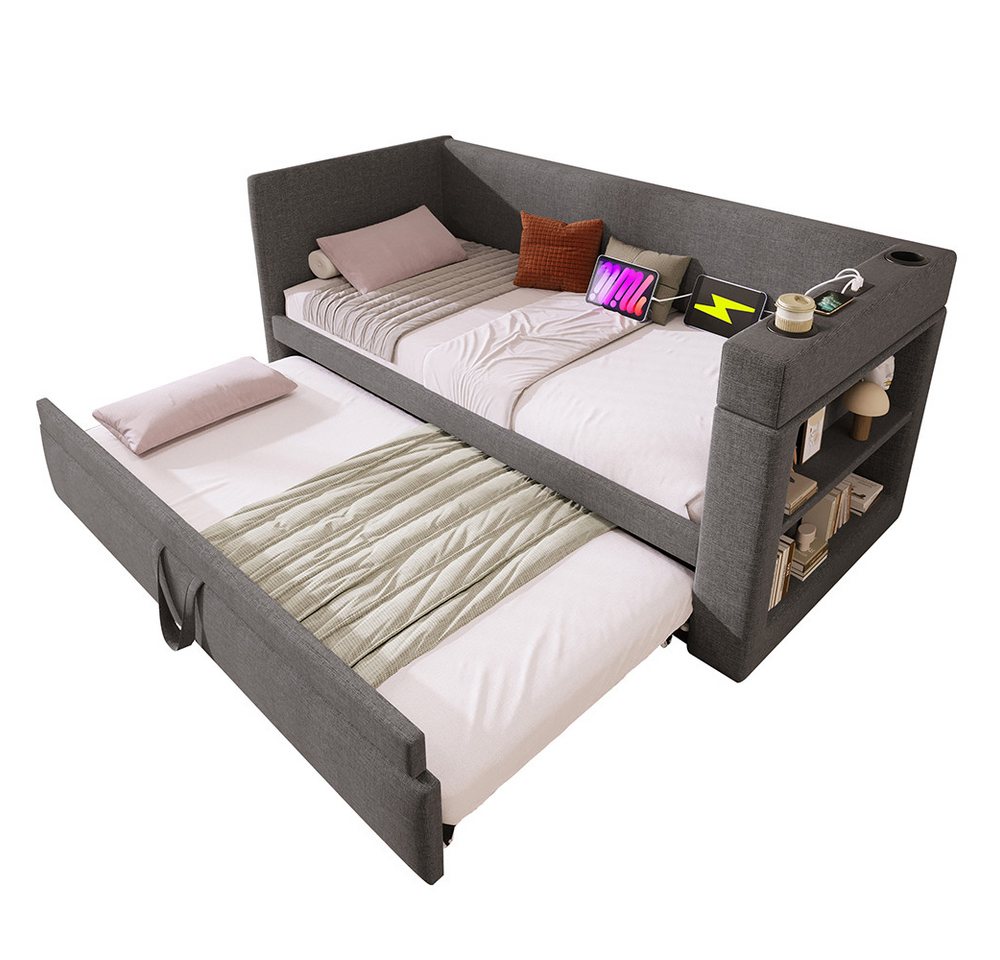 PHOEBE CAT Daybett Einzelbett Schlafsofa mit Ausziehbett, Ladefunktion, Polsterbett 90/180x190cm mit Getränkehalter und Stauraumregal, Leinen PHOEBE CAT Daybett Einzelbett Schlafsofa mit Ausziehbett, Ladefunktion, Polsterbett 90/180x190cm mit Getränkehalter und Stauraumregal, Leinen von PHOEBE CAT