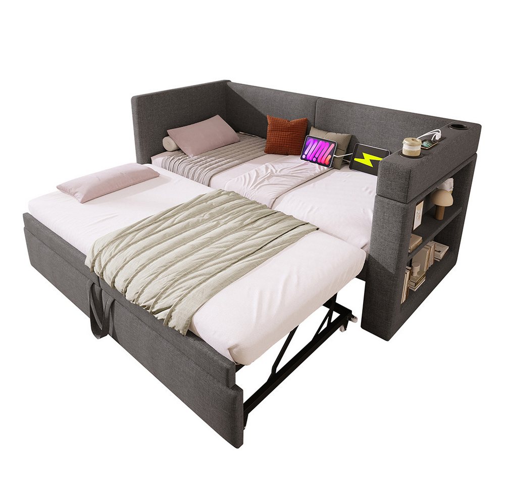 PHOEBE CAT Daybett Einzelbett Schlafsofa mit Ausziehbett, Ladefunktion, Polsterbett 90/180x200cm mit Getränkehalter und Stauraumregal, Leinen PHOEBE CAT Daybett Einzelbett Schlafsofa mit Ausziehbett, Ladefunktion, Polsterbett 90/180x200cm mit Getränkehalter und Stauraumregal, Leinen von PHOEBE CAT