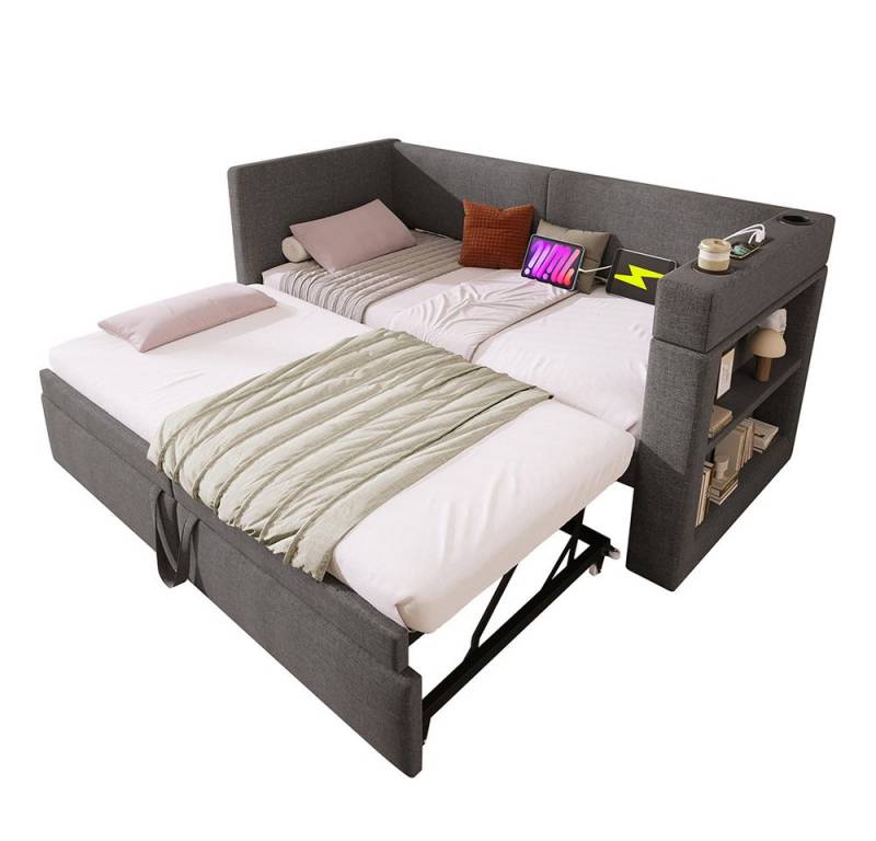 PHOEBE CAT Daybett Einzelbett Schlafsofa mit Ausziehbett, Ladefunktion, Polsterbett 90/180x200cm mit Getränkehalter und Stauraumregal, Leinen von PHOEBE CAT