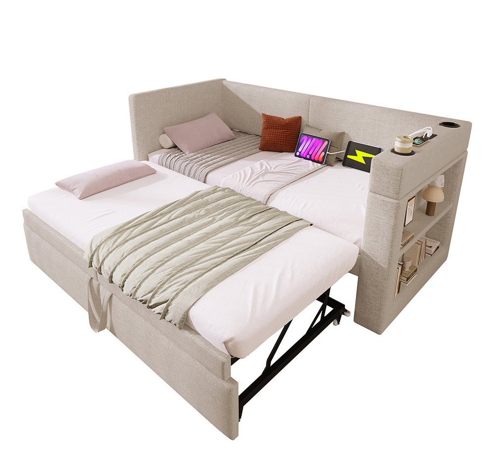 PHOEBE CAT Daybett Einzelbett Schlafsofa mit Ausziehbett, Ladefunktion, Polsterbett 90/180x200cm mit Getränkehalter und Stauraumregal, Leinen PHOEBE CAT Daybett Einzelbett Schlafsofa mit Ausziehbett, Ladefunktion, Polsterbett 90/180x200cm mit Getränkehalter und Stauraumregal, Leinen von PHOEBE CAT