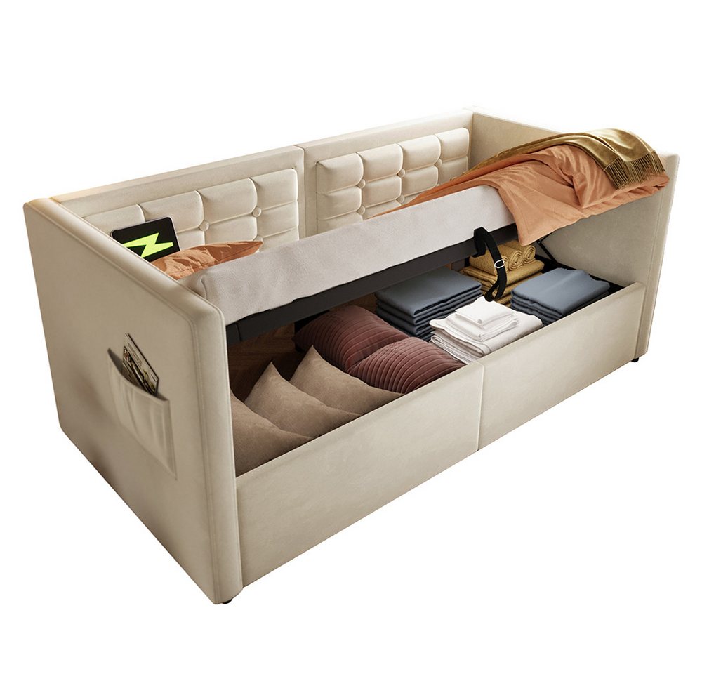 PHOEBE CAT Daybett Hydraulisches Polsterbett Schlafsofa Gästebett mit Holzlattenrost, Einzelbett 90x200 cm mit USB & Type C, Grau, Samt, ohne Matratze PHOEBE CAT Daybett Hydraulisches Polsterbett Schlafsofa Gästebett mit Holzlattenrost, Einzelbett 90x200 cm mit USB & Type C, Grau, Samt, ohne Matratze von PHOEBE CAT