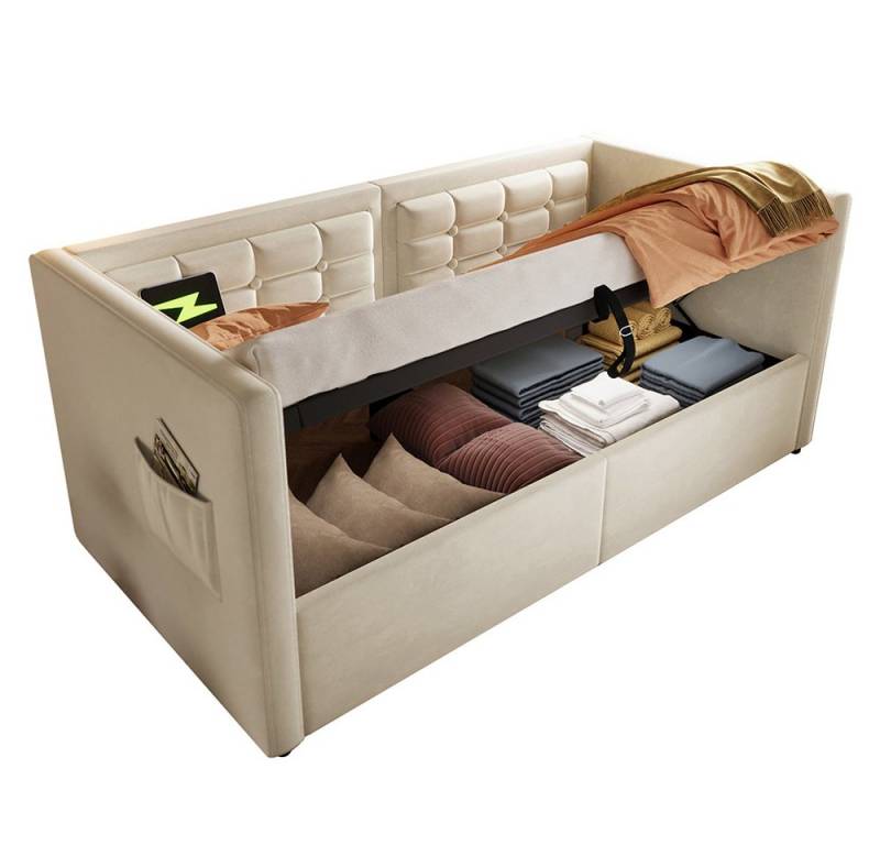 PHOEBE CAT Daybett Hydraulisches Polsterbett Schlafsofa Gästebett mit Holzlattenrost, Einzelbett 90x200 cm mit USB & Type C, Grau, Samt, ohne Matratze von PHOEBE CAT