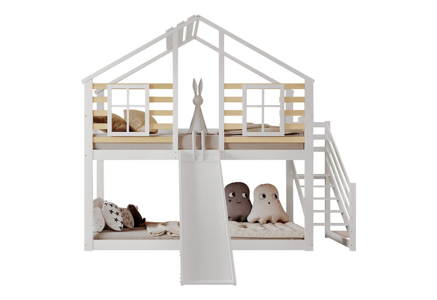 PHOEBE CAT Etagenbett (Kinderbett mit Absturzsicherung), mit oberem Lattenrost, Treppe, Rutsche und Fenster, Kiefer, 90x200 cm von PHOEBE CAT