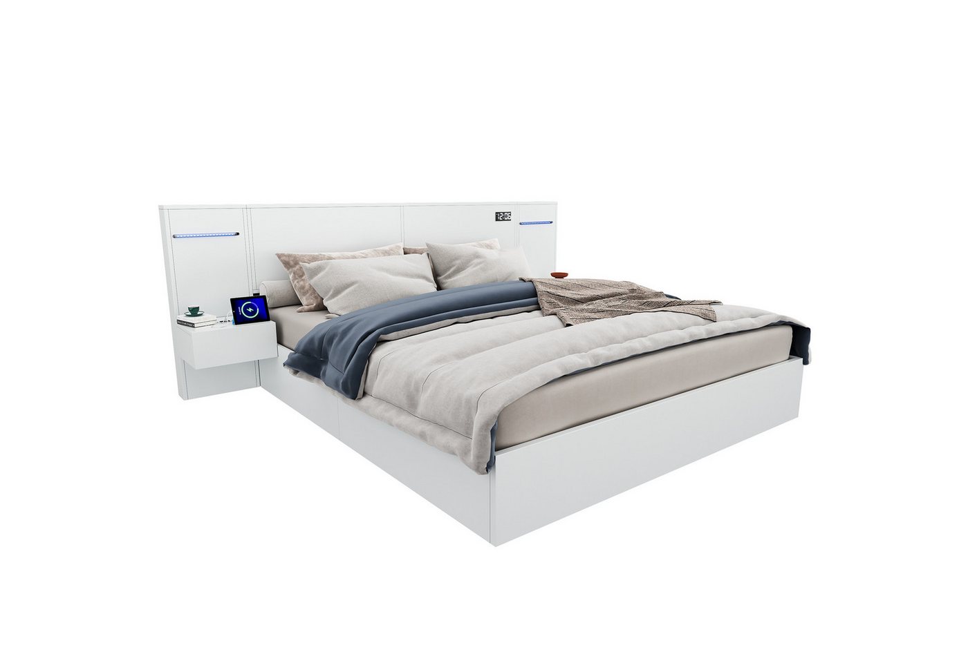 PHOEBE CAT Holzbett (Doppelbett 180x200cm), mit LED, USB-Anschluss, Elektronischer Uhr, Lautsprecher, Nachttischen von PHOEBE CAT