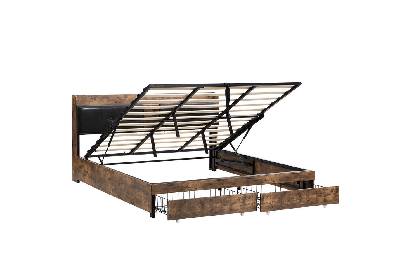 PHOEBE CAT Holzbett (Hydraulisches Doppelbett Metallbett 180x200cm), mit Stauraumkopfteil, 2 Schubladen, Lattenrost aus Holz, Ohne Matratze von PHOEBE CAT