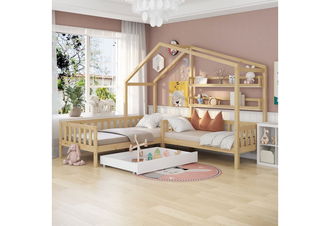 PHOEBE CAT Kinderbett (1-tlg., Hausbett mit 2. Schlafgelegenheit, 90x200 cm, 70x140cm), Einzelbett mit Schublade, Regalen, Lattenrost, Zaun und Rausfallschutz von PHOEBE CAT