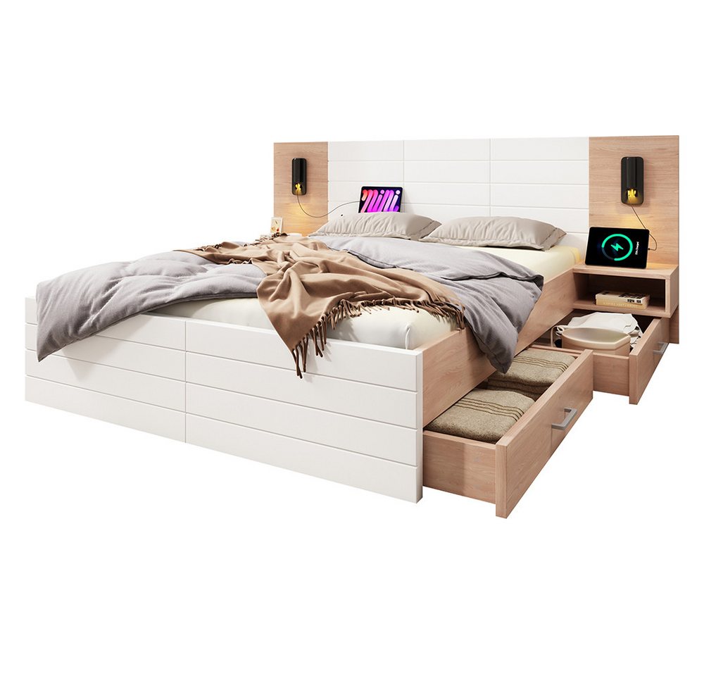 PHOEBE CAT Massivholzbett Stauraumbett (inklusive 2 Schubladen), Doppelbett 180x200cm mit Leselicht, USB-Aufladen und 2 Nachttische von PHOEBE CAT