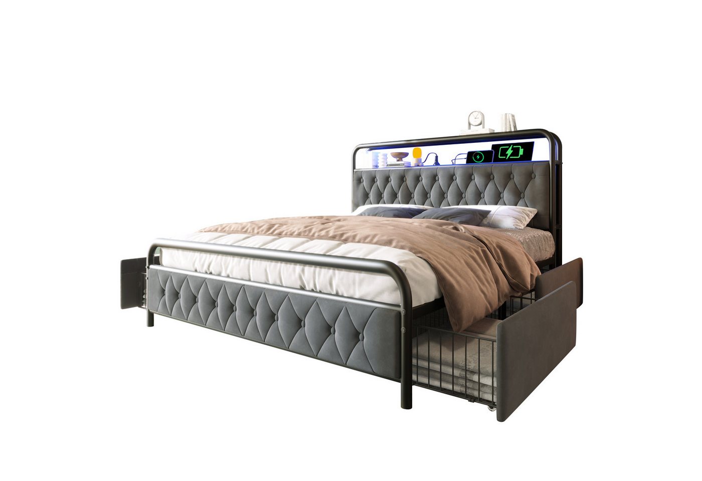 PHOEBE CAT Metallbett (Polsterbett, Doppelbett 160×200cm), mit aufladen USB Type C Ladefunktion APP-Control, 4 Schubladen, Samt von PHOEBE CAT