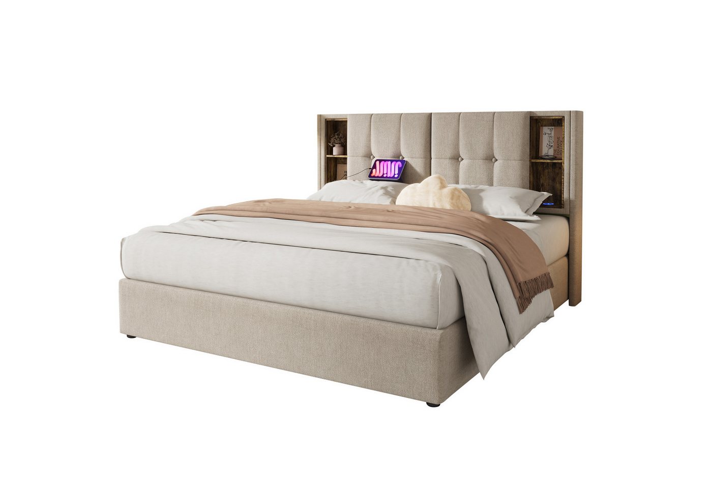 PHOEBE CAT Polsterbett, Doppelbett mit Kabellosem Laden USB Typ-C, Stauraum, Leinen, 160x200cm PHOEBE CAT Polsterbett, Doppelbett mit Kabellosem Laden USB Typ-C, Stauraum, Leinen, 160x200cm von PHOEBE CAT