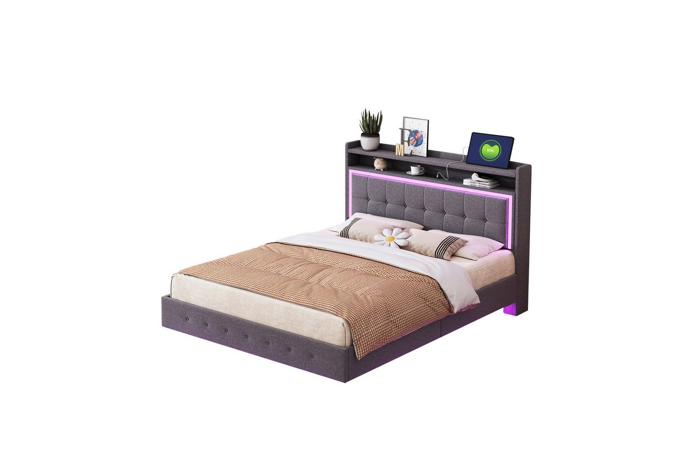 PHOEBE CAT Polsterbett, LED Doppelbett 140x200cm mit USB-Laden, Lattenrost, Kopfteil, Leinen PHOEBE CAT Polsterbett, LED Doppelbett 140x200cm mit USB-Laden, Lattenrost, Kopfteil, Leinen von PHOEBE CAT