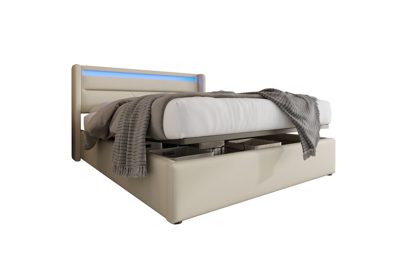 PHOEBE CAT Polsterbett (Doppelbett, inkl. Bettkasten und Lattenrost), Hydraulisch Stauraumbett 140x200 cm mit LED Beleuchtung, Kunstleder von PHOEBE CAT