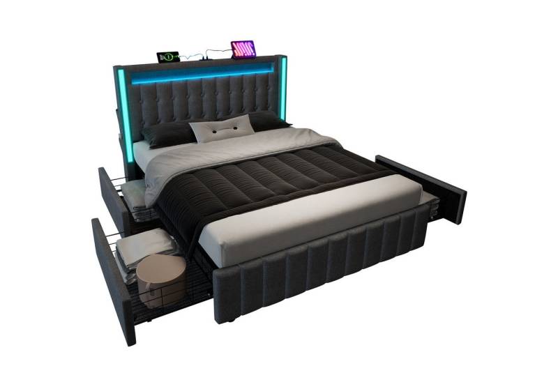PHOEBE CAT Polsterbett (Doppelbett 140x200cm Stauraumbett mit LED-Beleuchtung), mit USB Typ C Ladefunktion & 4 Schubladen, Lattenrost aus Holz, Leinen von PHOEBE CAT