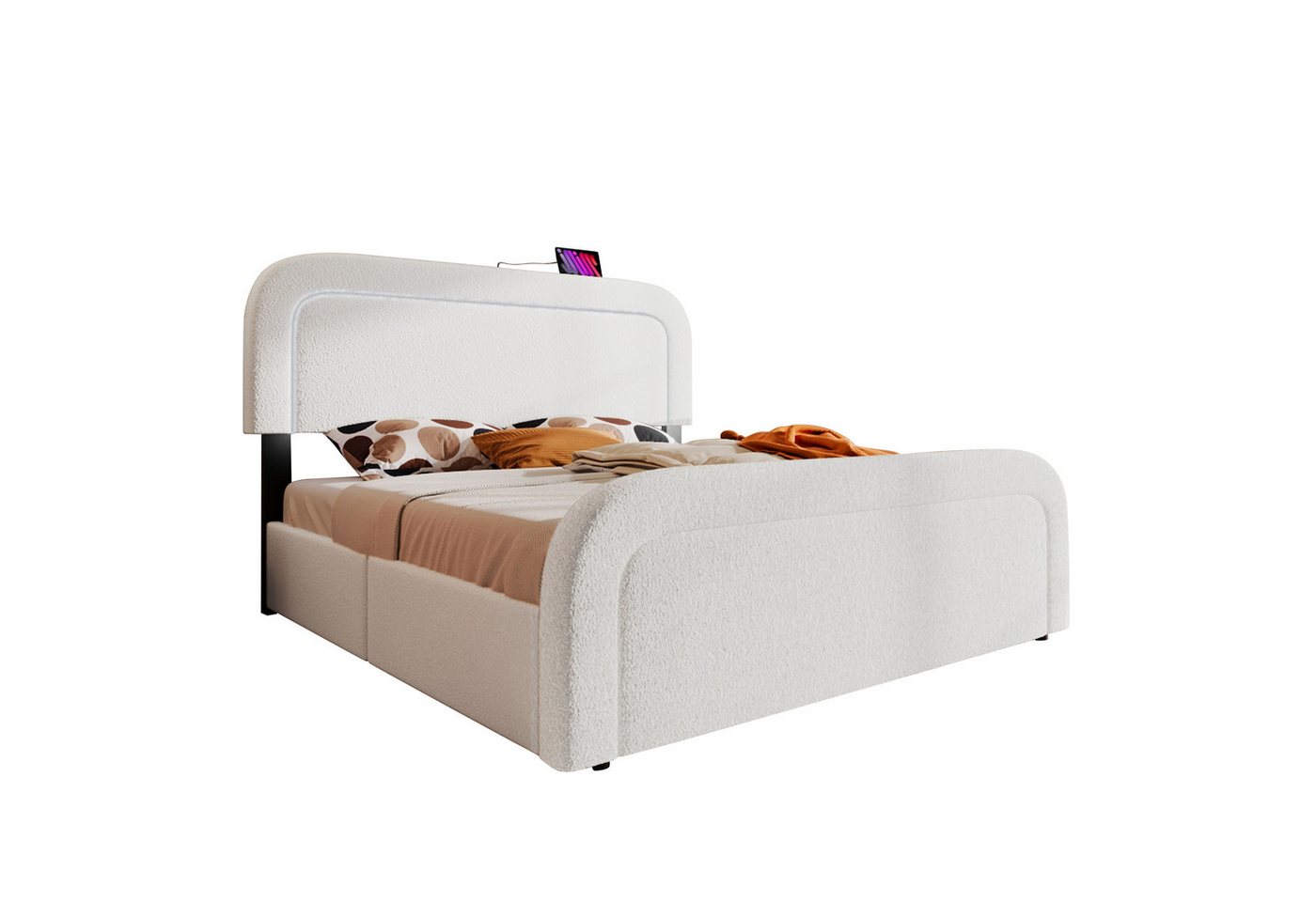PHOEBE CAT Polsterbett (Doppelbett 140x200cm mit LED-Beleuchtung), mit Ladefunktion und Schubladen, Lattenrost aus Holz, Lammwolle-Bezug von PHOEBE CAT
