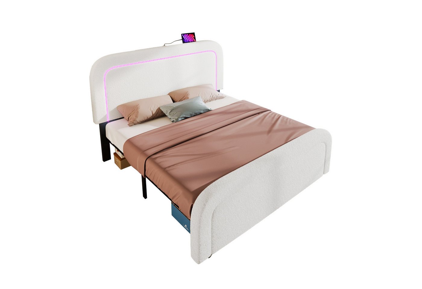 PHOEBE CAT Polsterbett (Doppelbett 160x200cm mit LED-Beleuchtung), mit USB Typ C Ladefunktion, Lattenrost aus Holz, Lammwolle-Bezug von PHOEBE CAT