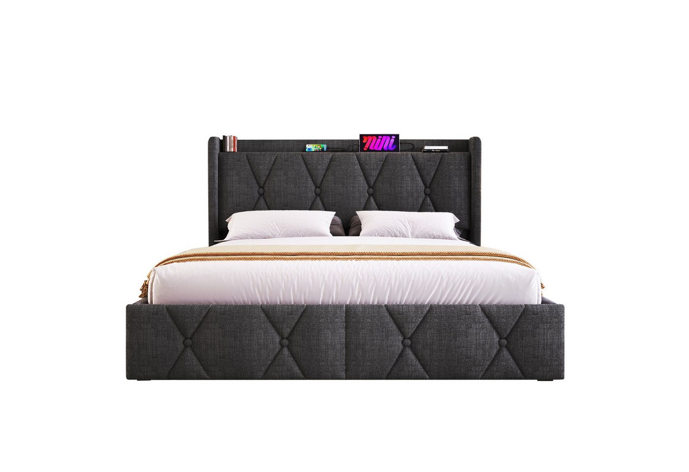 PHOEBE CAT Polsterbett (Doppelbett Stauraumbett 140x200cm mit Lattenrost), mit Steckdose & USB Ladefunktion Kopfteil und 4 Schubladen, Leinen von PHOEBE CAT
